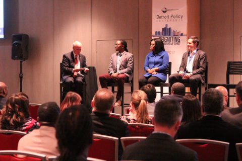 Panelists included: Marcus Jones, president of Detroit Training Center; Dannis Mitchell, diversity manager of Barton Malow Co.; and Damien Rocchi, founder and CEO of Grand Circus. The panel was moderated by Dave Meador, vice chairman and chief administrative officer of DTE Energy. - Detroit Policy Conference 2017
