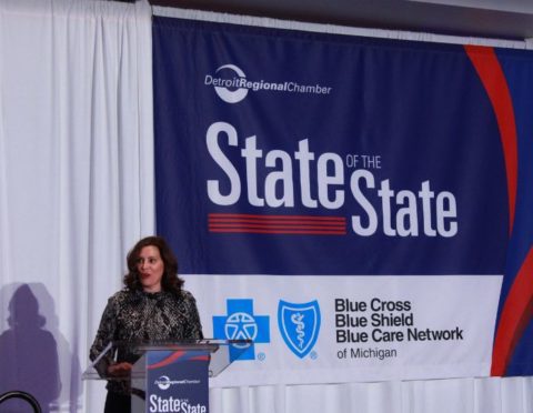Gov. Gretchen Whitmer addresses the room at the 2023 State of the State Address to the Business Community.
